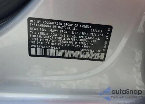 2018 Volkswagen Passat Se z USA, uszkodzony, nr VIN 1VWBA7A35JC003478